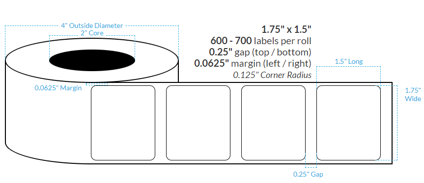 1.75" x 1.5"  PREMIUM HIGH GLOSS WHITE Polypropylene BOPP {ROUNDED CORNERS} Roll Labels (2"CORE/4"OD)