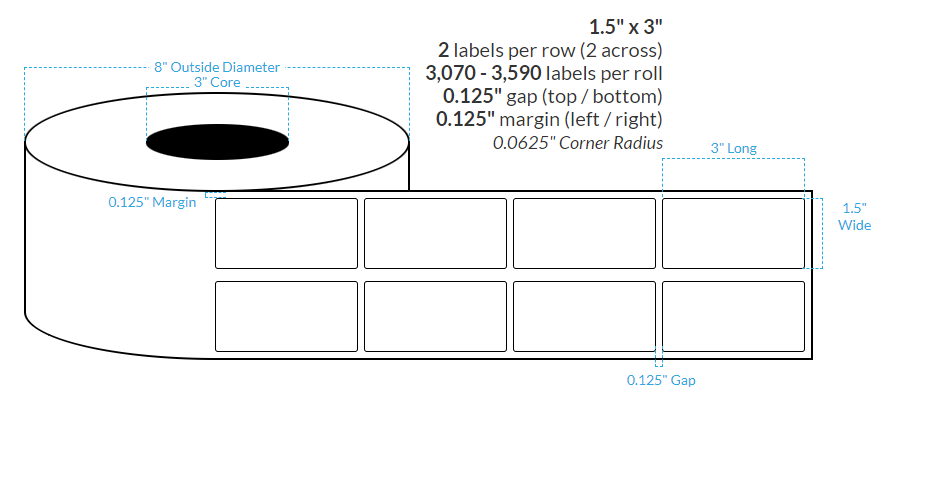 1.5" x 3"  PREMIUM HIGH GLOSS WHITE Polypropylene BOPP {ROUNDED CORNERS} Roll Labels (3"CORE/8"OD)