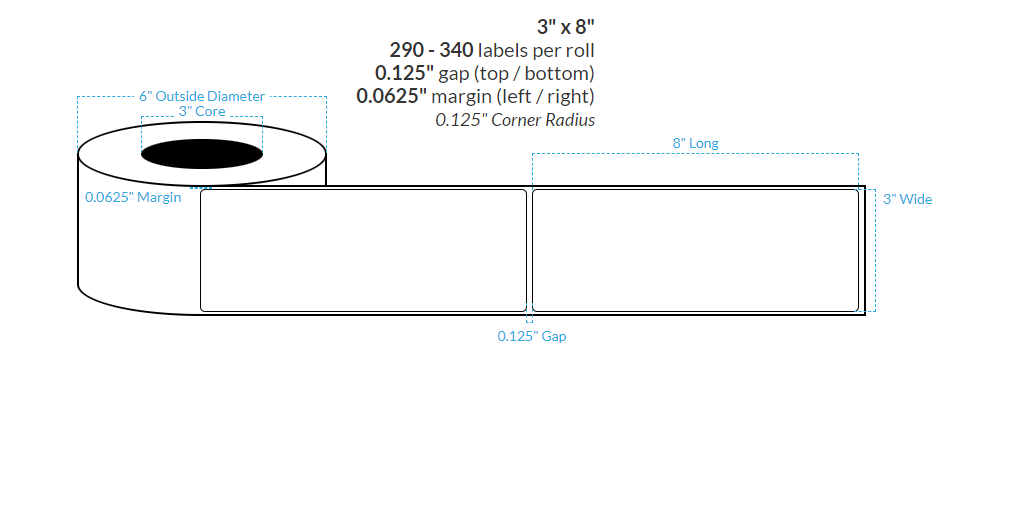 3" x 8" HIGH GLOSS WHITE PAPER {ROUNDED CORNERS} Roll Labels (3"CORE/6"OD)