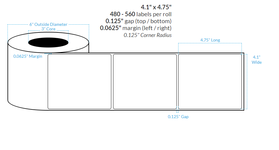 4.1" x 4.75" MATTE WHITE Polypropylene BOPP {ROUNDED CORNERS} Roll Labels (3"CORE/6"OD)