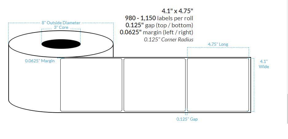 4.1" x 4.75" MATTE WHITE Polypropylene BOPP {ROUNDED CORNERS} Roll Labels (3"CORE/8"OD)