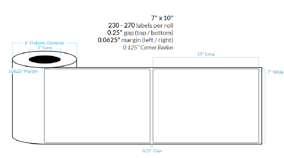 7" x 10" MATTE WHITE Polypropylene BOPP {ROUNDED CORNERS} Roll Labels  (3"CORE/6"OD)