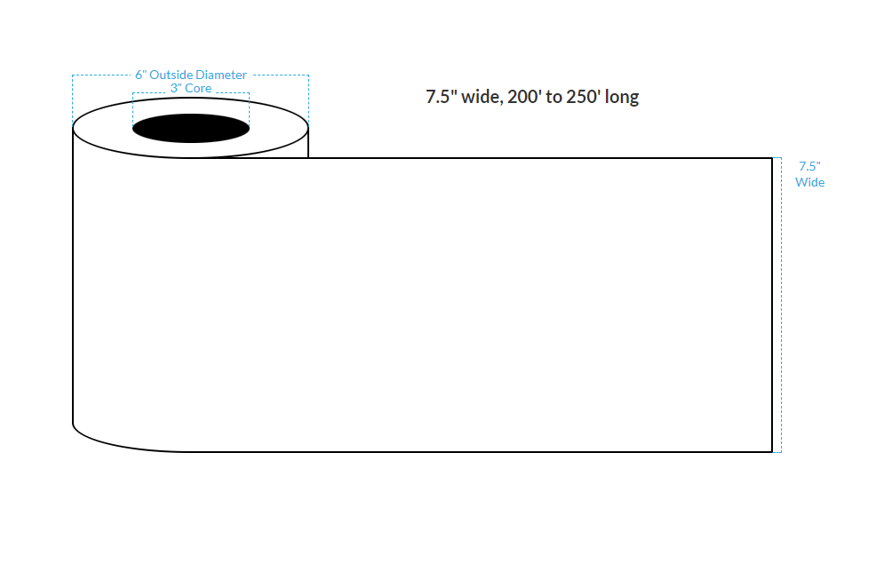 7.5" X 250' HIGH GLOSS WHITE Polypropylene BOPP {CONTINUOUS} Roll Labels  (3"CORE/6"OD)