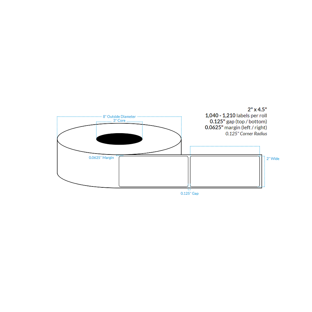 2" x 4.5" MATTE WHITE Polypropylene BOPP {ROUNDED CORNERS} Roll Labels  (3"CORE/8"OD)