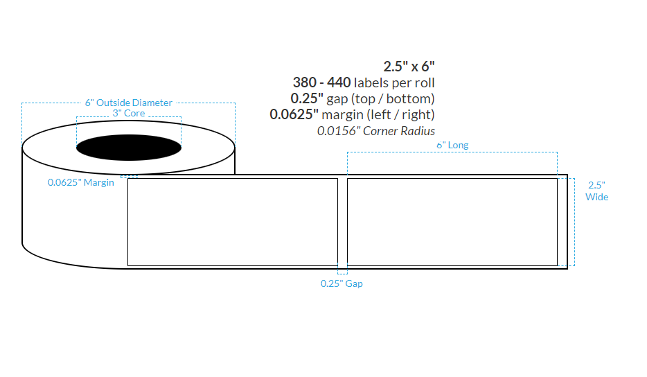 2.5" x 6" HIGH GLOSS WHITE Polypropylene  BOPP {SQUARE CORNERS} Roll Labels (3"CORE/6"OD)