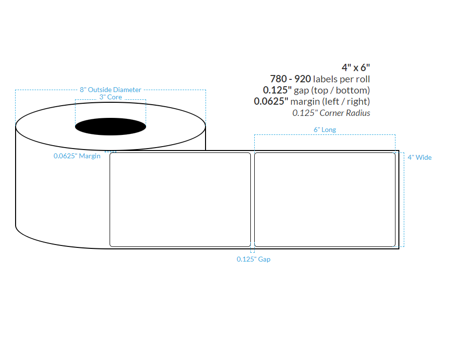 4" x 6" MATTE WHITE KIMDURA {ROUNDED CORNERS} Roll Labels  (3"CORE/8"OD)