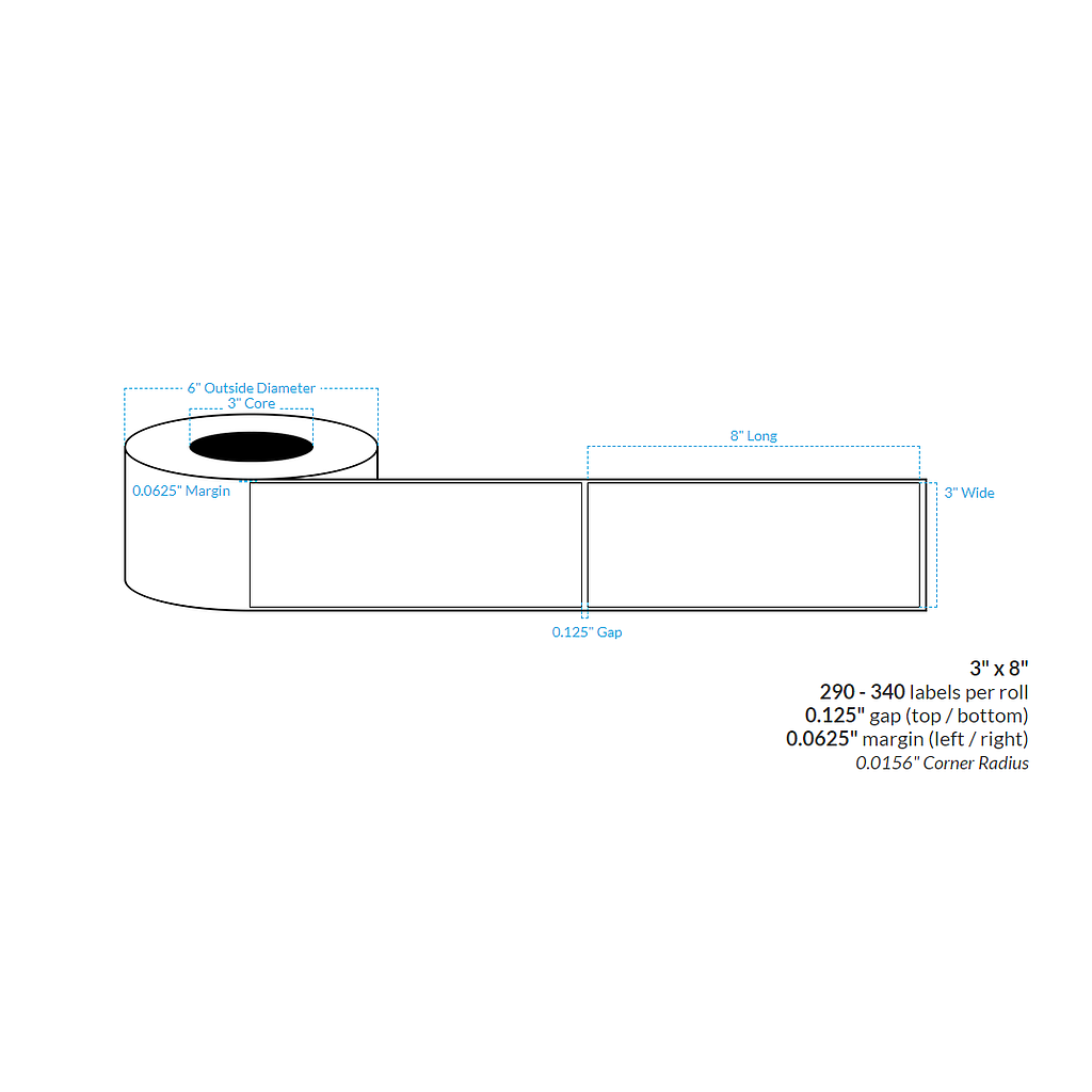 3" x 8" HIGH GLOSS WHITE Polypropylene BOPP {SQUARE CORNERS} Roll Labels (3"CORE/6"OD)