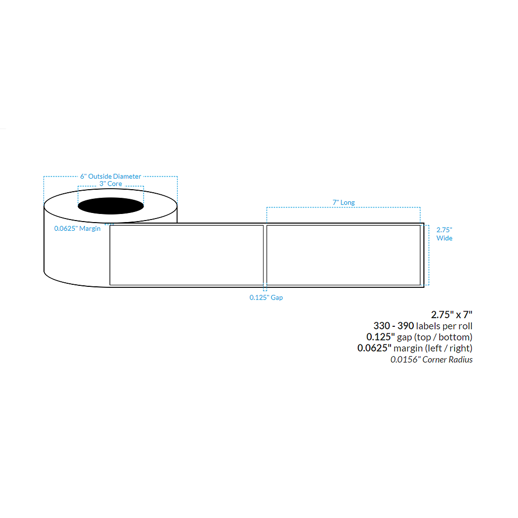 2.75" x 7" HIGH GLOSS WHITE Polypropylene BOPP {SQUARE CORNERS} Roll Labels (3"CORE/6"OD)