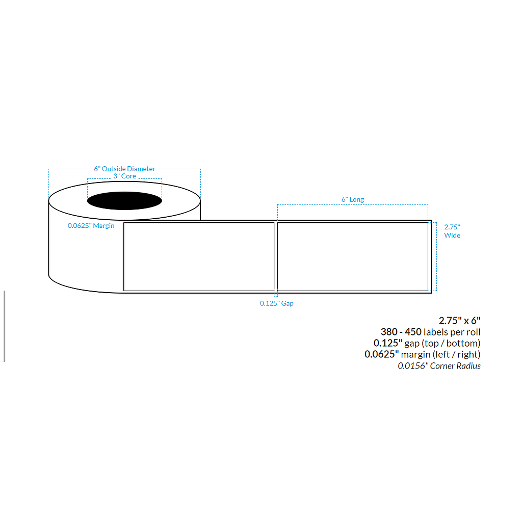 2.75" x 6" HIGH GLOSS WHITE Polypropylene BOPP {SQUARE CORNERS} Roll Labels (3"CORE/6"OD)