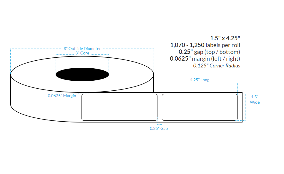 1.5" x 4.25"  PREMIUM HIGH GLOSS WHITE Polypropylene BOPP {ROUNDED CORNERS} Roll Labels (3"CORE/8"OD)