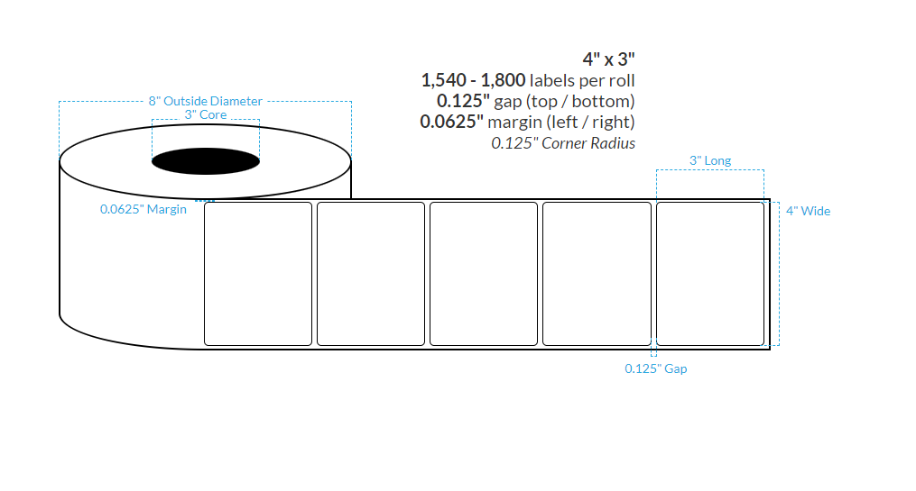 4" X 3" HIGH GLOSS WHITE Polypropylene BOPP {ROUNDED CORNERS} Roll Labels  (3"CORE/8"OD)