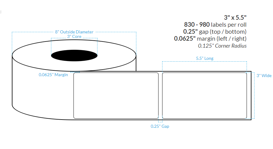 3" x 5.5"  HIGH GLOSS WHITE Polypropylene BOPP {ROUNDED CORNERS} Roll Labels (3"CORE/8"OD)