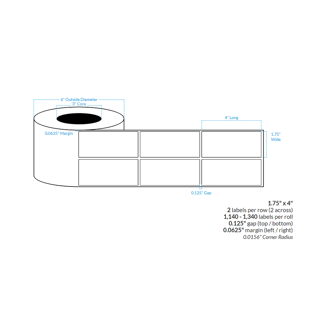 1.75" x 4" HIGH GLOSS WHITE Polypropylene BOPP {SQUARE CORNERS} Roll Labels  (3"CORE/6"OD)