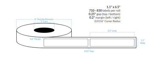 1.1" x 6.5" HIGH GLOSS WHITE Polypropylene BOPP {SQUARE CORNERS} Roll Labels  (3"CORE/8"OD)