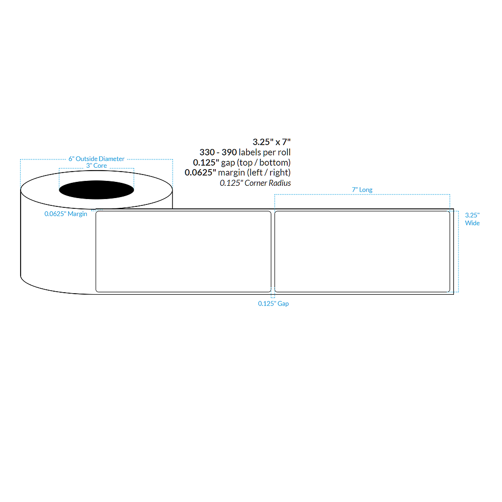 3.25" X 7" PREMIUM HIGH GLOSS WHITE Polypropylene BOPP {ROUNDED CORNERS} Roll Labels (3"CORE/6"OD)