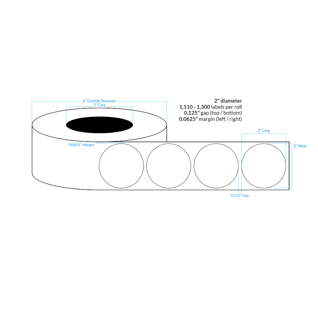 2" PREMIUM HIGH GLOSS WHITE Polypropylene BOPP {CIRCLE} Roll Labels (3"CORE/6"OD)