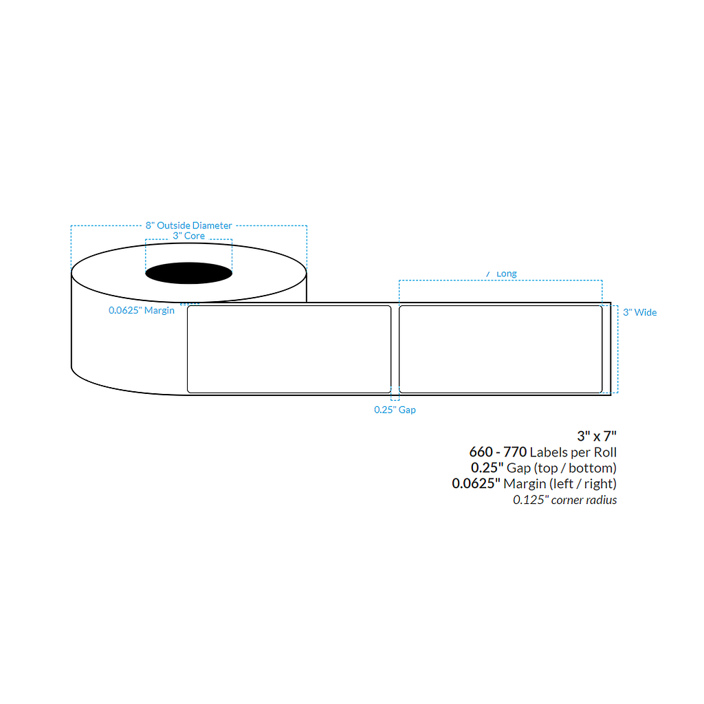 3" x 7"  HIGH GLOSS WHITE Polypropylene BOPP {ROUNDED CORNERS} Roll Labels (3"CORE/8"OD)