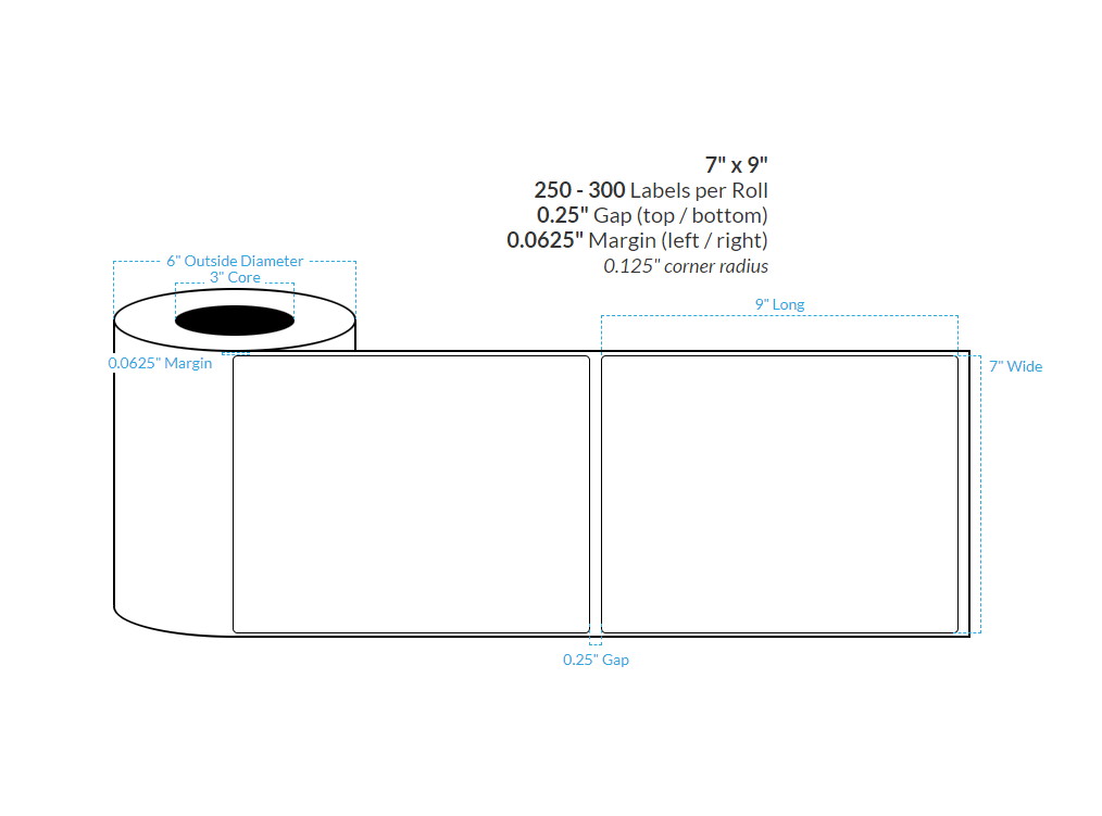 7" x 9" MATTE WHITE Polypropylene BOPP {ROUNDED CORNERS} Roll Labels  (3"CORE/6"OD)