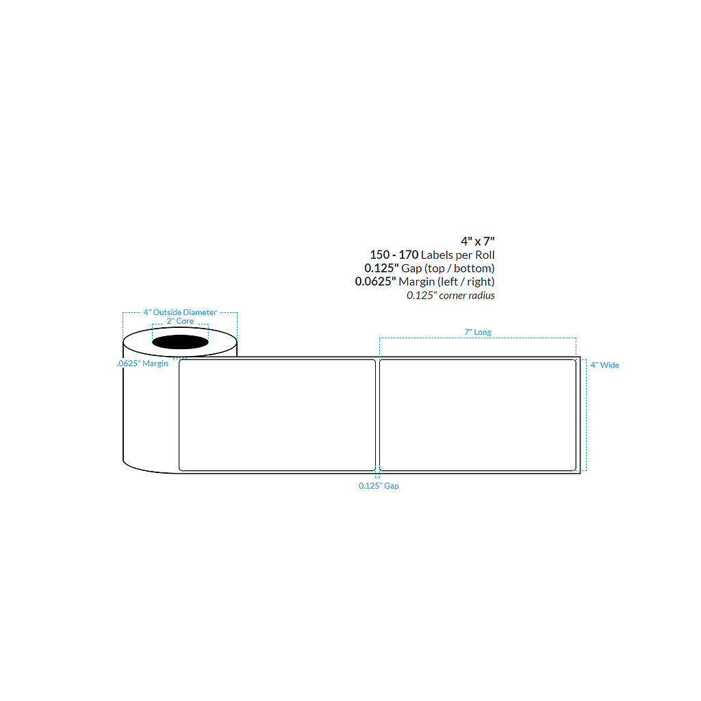 4" X 7" HIGH GLOSS WHITE POLYPROPYLENE (BOPP) {ROUNDED CORNERS} Roll Labels  (2"CORE/4"OD)