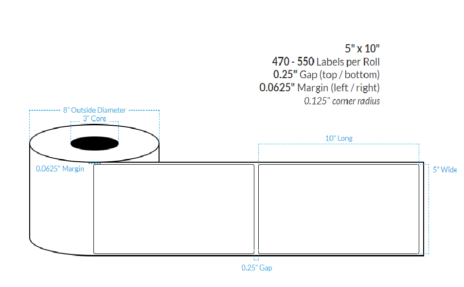 5" x 10" HIGH GLOSS WHITE Polypropylene BOPP {ROUNDED CORNERS} Roll Labels  (3"CORE/8"OD)