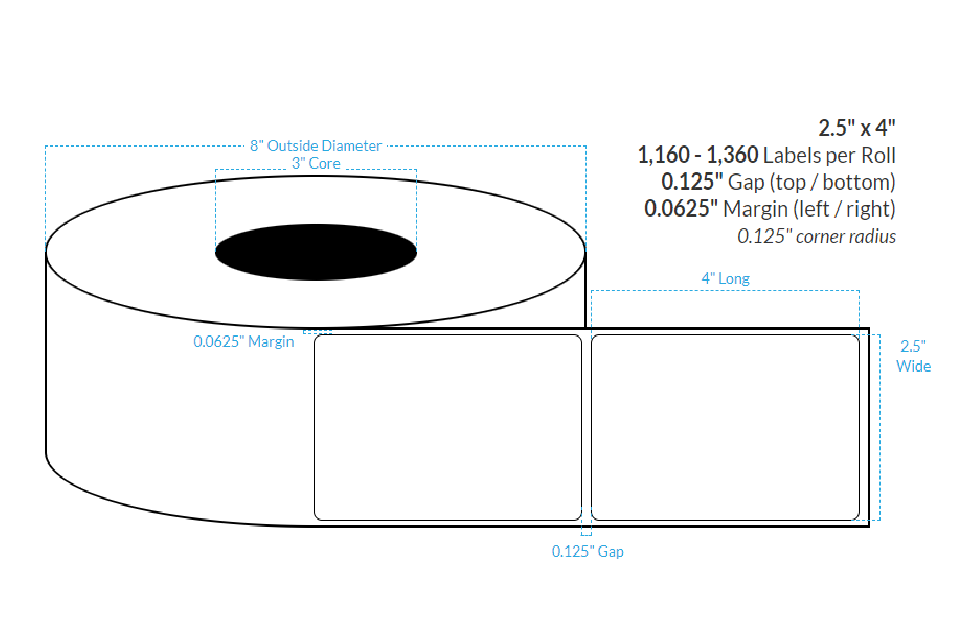 2.5" x 4" HIGH GLOSS WHITE Polypropylene  BOPP {ROUNDED CORNERS} Roll Labels (3"CORE/8"OD)