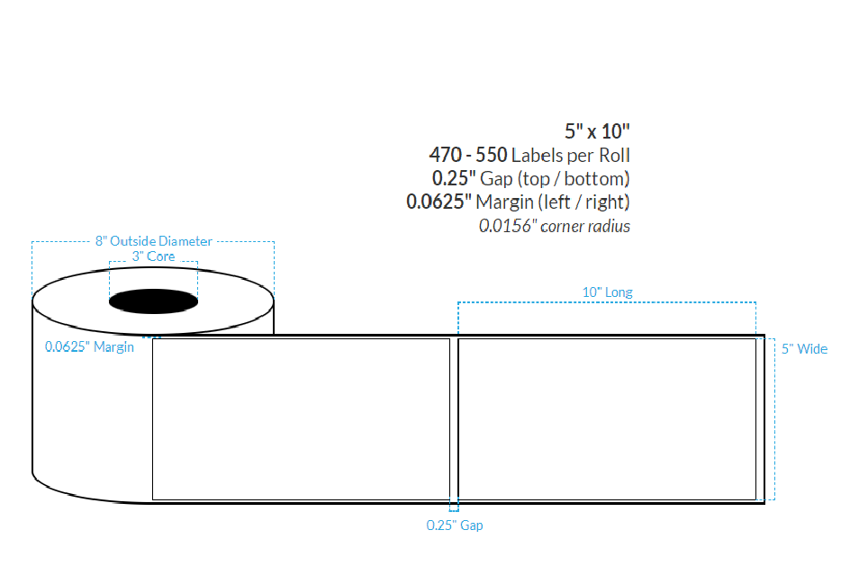 5" X 10" MATTE WHITE PAPER {SQUARE CORNERS} Roll Labels  (3"CORE/8"OD)