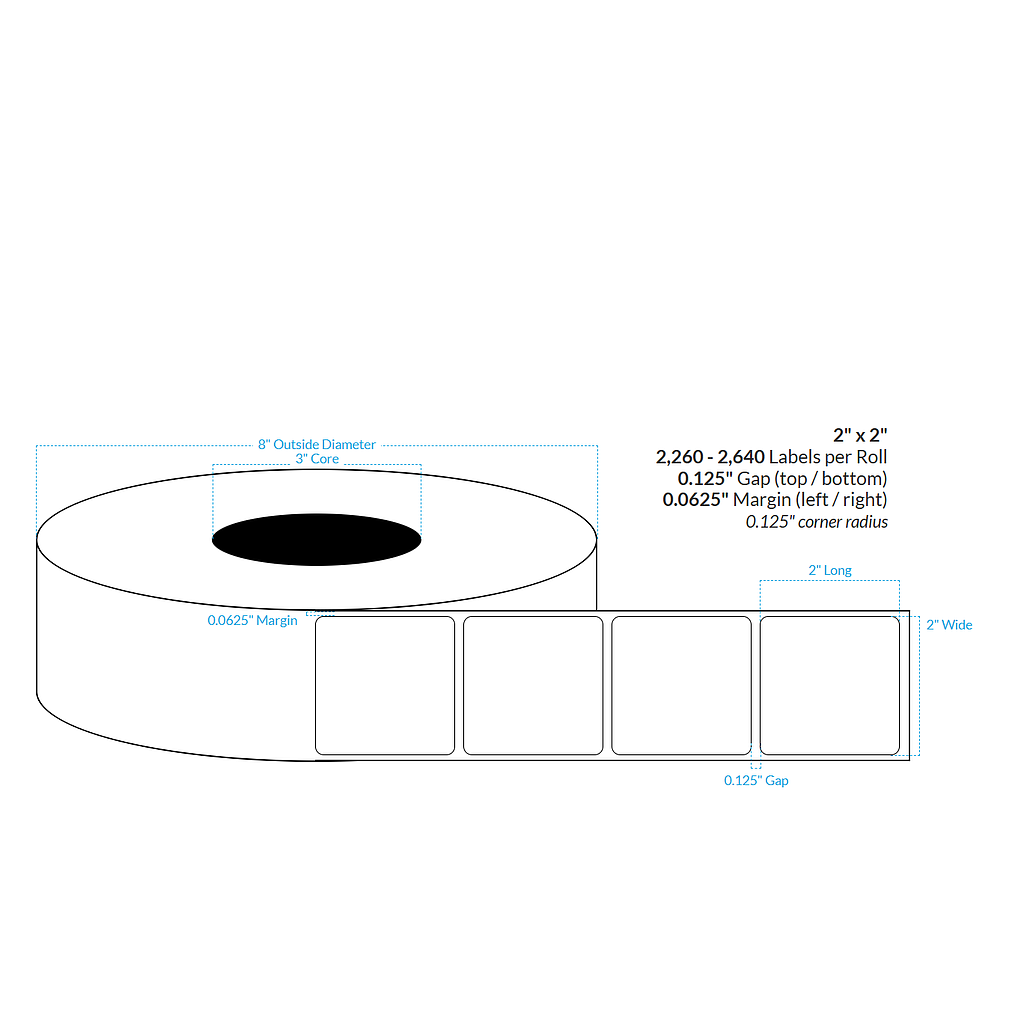 2" x 2"  MATTE WHITE Polypropylene BOPP {ROUNDED CORNERS} Roll Labels  (3"CORE/8"OD)