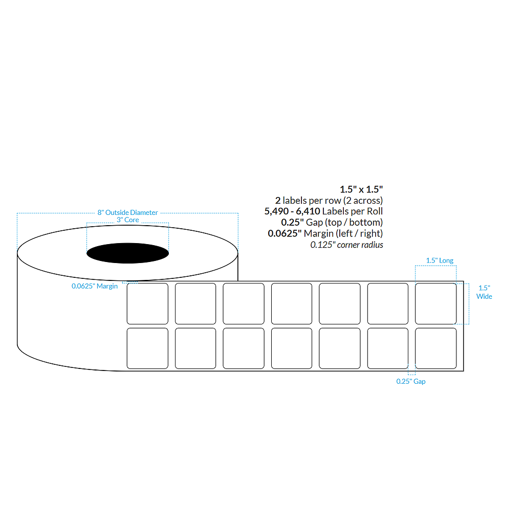 1.5" x 1.5"  2-ACROSS SMOOTH SILVER HOLOGRAPHIC {ROUNDED CORNERS} Roll Labels (3"CORE/8"OD)