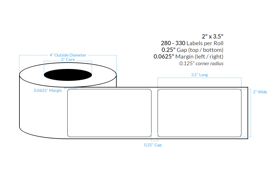 2" x 3.5" SEMI GLOSS WHITE PAPER {ROUNDED CORNERS} Roll Labels (2"CORE/4"OD)