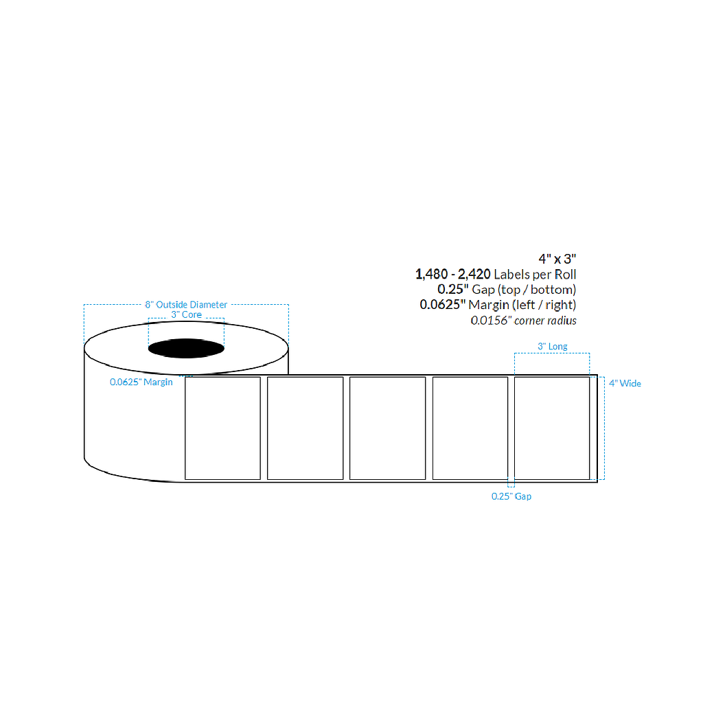 4" x 3" HIGH GLOSS WHITE PAPER {SQUARE CORNERS} Roll Labels (3"CORE/8"OD)