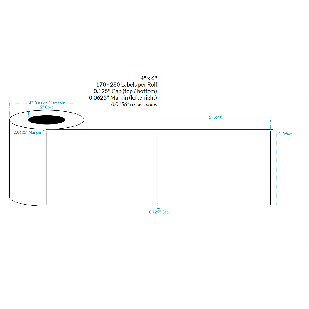 4" X 6" HIGH GLOSS WHITE Polypropylene BOPP {SQUARE CORNERS} Roll Labels  (2"CORE/4"OD)