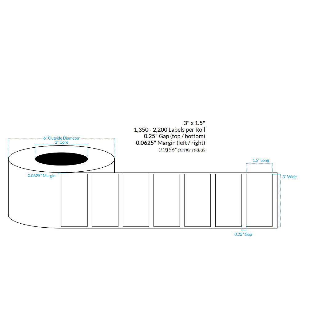 3" x 1.5"  HIGH GLOSS WHITE Polypropylene BOPP {SQUARE CORNERS} Roll Labels  (3"CORE/6"OD)