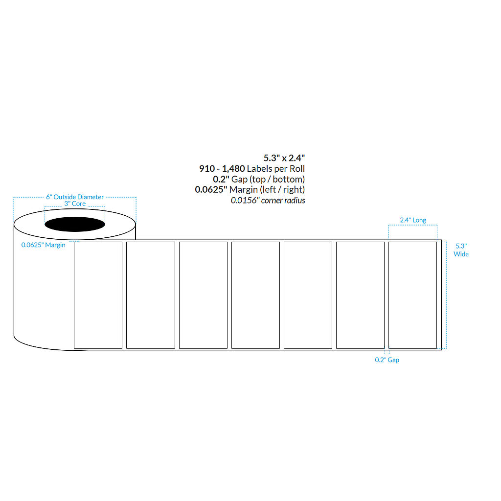 5.3" X 2.4" HIGH GLOSS WHITE Polypropylene BOPP {SQUARE CORNERS} Roll Labels  (3"CORE/6"OD)