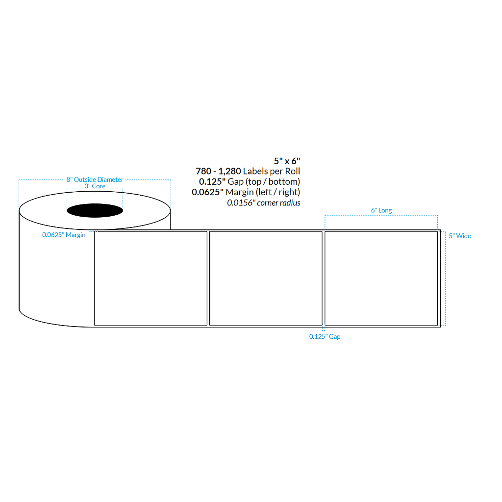 5" x 6" HIGH GLOSS WHITE Polypropylene BOPP {SQUARE CORNERS} Roll Labels  (3"CORE/8"OD)