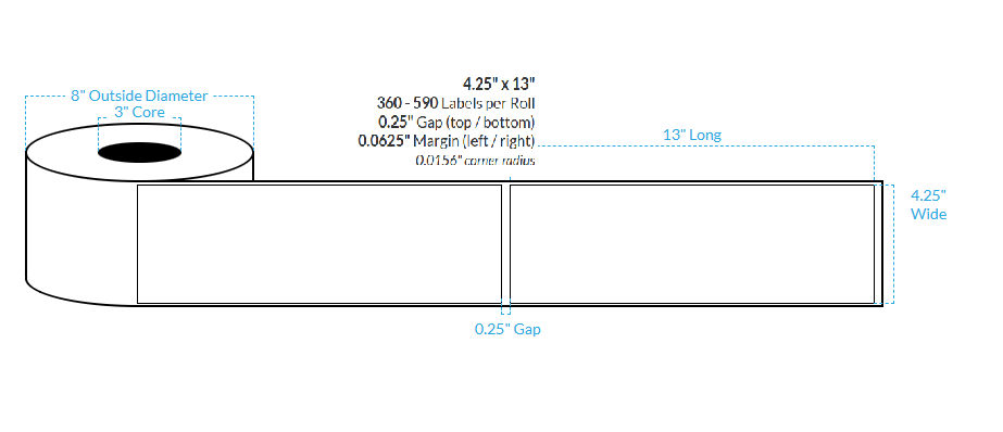 4.25" X 13" HIGH GLOSS WHITE Paper {SQUARE CORNERS} Roll Labels  (3"CORE/8"OD)