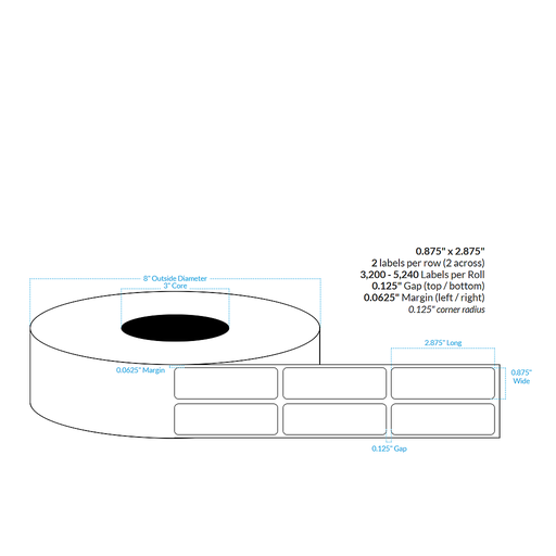 0.875" x 2.875" MATTE WHITE PAPER {2-ACROSS ROUNDED CORNERS} Roll Labels (3"CORE/8"OD)