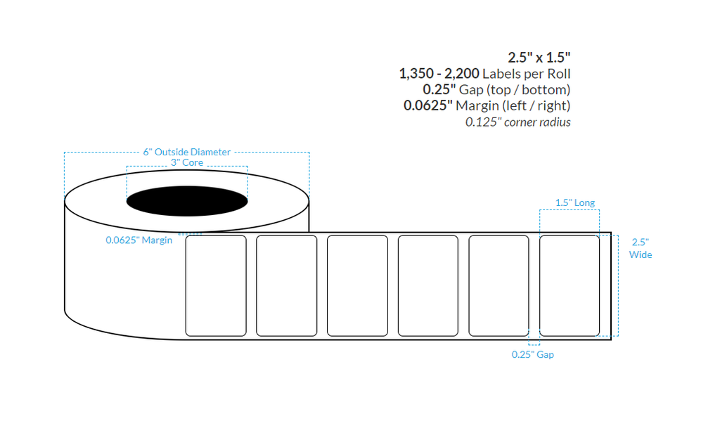 2.5" x 1.5" HIGH GLOSS WHITE Polypropylene BOPP {ROUNDED CORNERS} Roll Labels (3"CORE/6"OD)