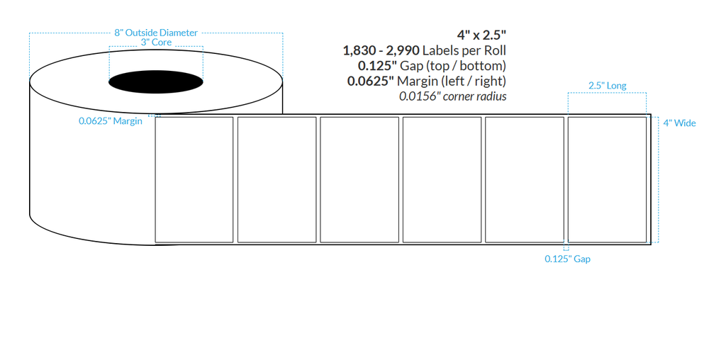 4" x 2.5" MATTE WHITE PAPER {SQUARE CORNERS} Roll Labels (3"CORE/8"OD)