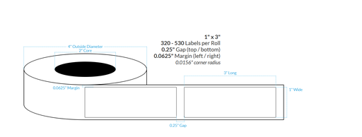 1" x 3" HIGH GLOSS WHITE Polypropylene BOPP {SQUARE CORNERS} Blank Roll Labels (2"CORE/4"OD)