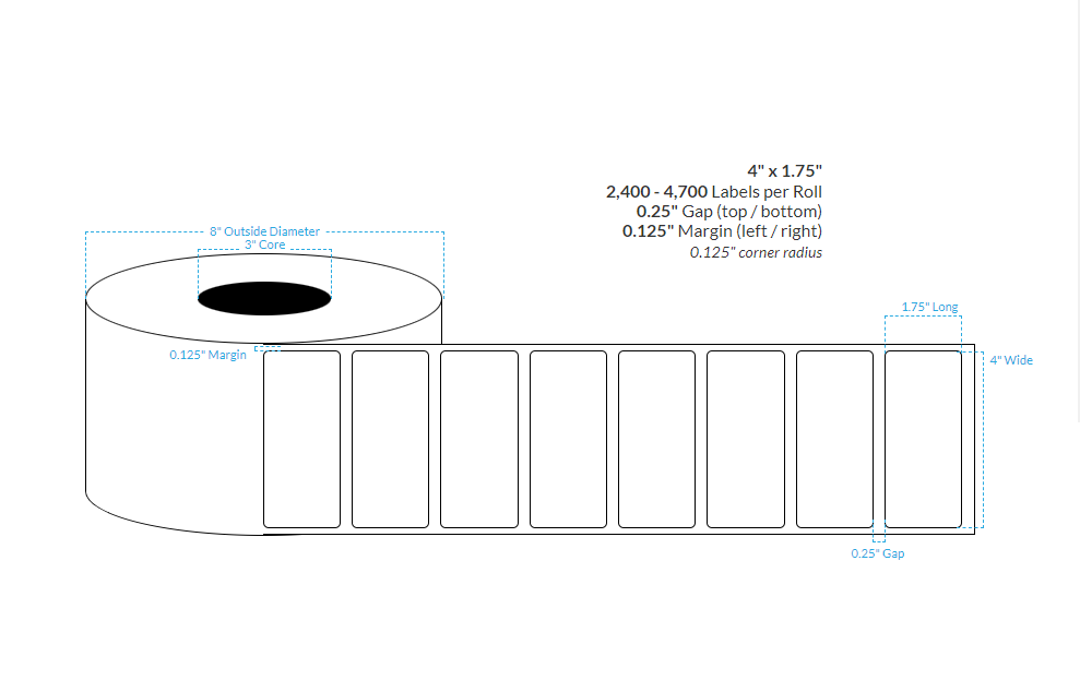 4" X 1.75" HIGH GLOSS WHITE PAPER {ROUND CORNERS} Roll Labels  (3"CORE/8"OD)