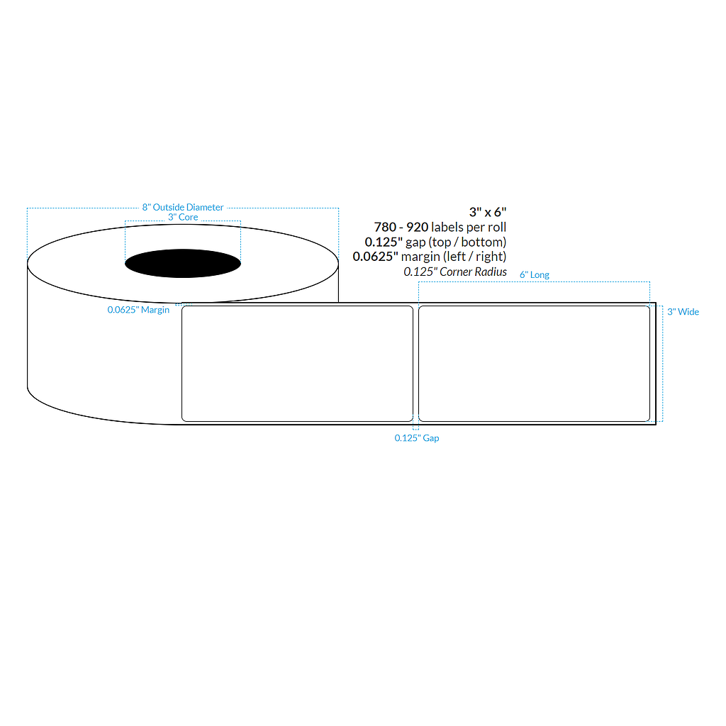 3" x 6" MATTE WHITE Polypropylene BOPP EXTREME TACK {SQUARE CORNERS} Roll Labels  (3"CORE/8"OD)