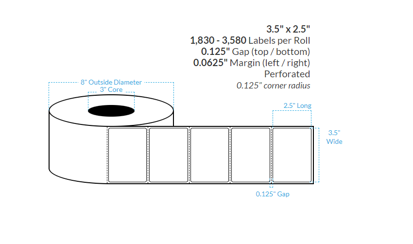 3.5" x 2.5" MATTE WHITE Polypropylene PERFORATED (BOPP) {ROUNDED CORNERS} Roll Labels  (3"CORE/8"OD)