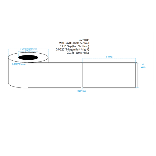 3.7" x 8" SEMI GLOSS WHITE PAPER {SQUARE CORNERS} Roll Labels  (3"CORE/6"OD)