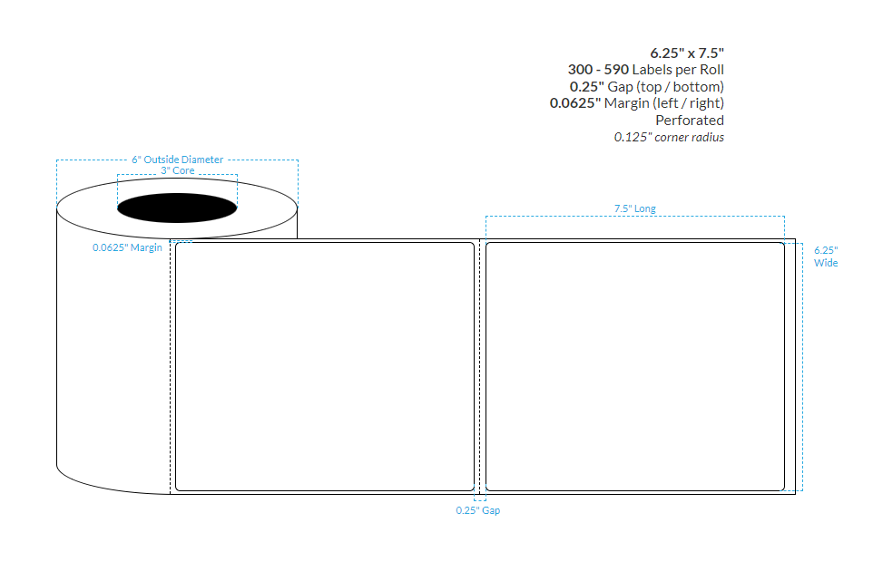 6.25" X 7.5" HIGH GLOSS WHITE PAPER {ROUND CORNERS} Roll Labels (3"CORE/6"OD) (PERFORATED)