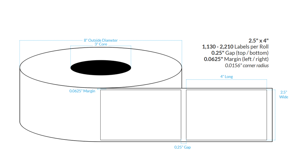 2.5" x 4" SATIN Polypropylene BOPP {SQUARE CORNERS} Roll Labels (3"CORE/8"OD)