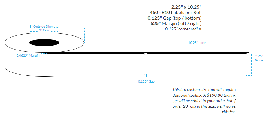 2.25" X 10.25" HIGH GLOSS WHITE BOPP Polypropylene {ROUNDED CORNERS} Roll Labels  (3"CORE/8"OD)