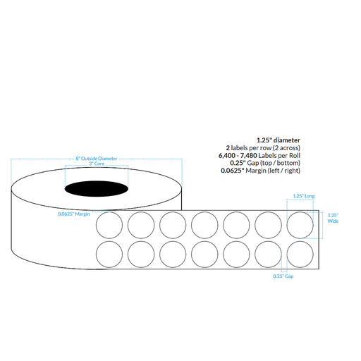 1.25" 2 ACROSS HIGH GLOSS WHITE POLY (BOPP) {CIRCLE} Roll Labels (3"CORE/8"OD)