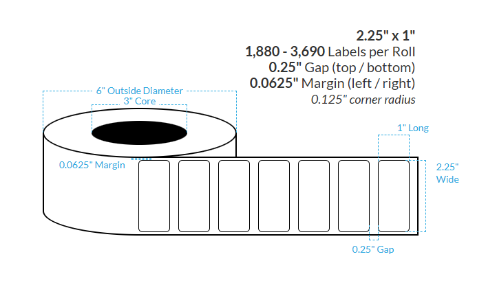 2.25" X 1" HIGH GLOSS WHITE BOPP Polypropylene {ROUNDED CORNERS} Roll Labels  (3"CORE/6"OD)