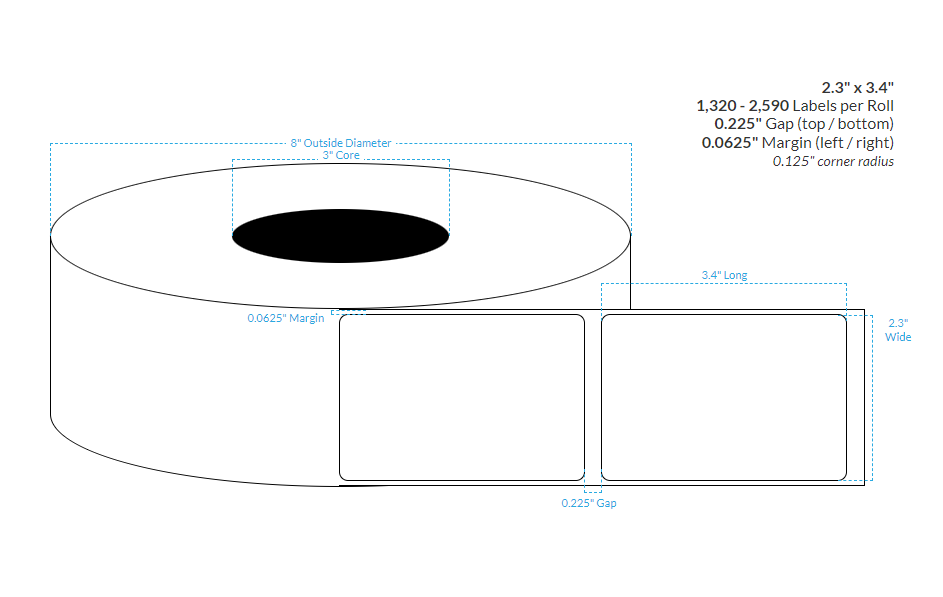 2.3" x 3.4" HIGH GLOSS WHITE Polypropylene BOPP {ROUNDED CORNERS} Roll Labels  (3"CORE/8"OD)