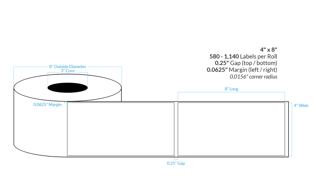 4" X 8" HIGH GLOSS WHITE POLY BOPP {RECTANGLE/SQUARE CORNERS} Label Roll (3"CORE/8"OD)